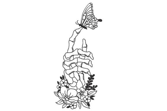 Skeleton Hand with Butterfly and Flower Embroidery Design