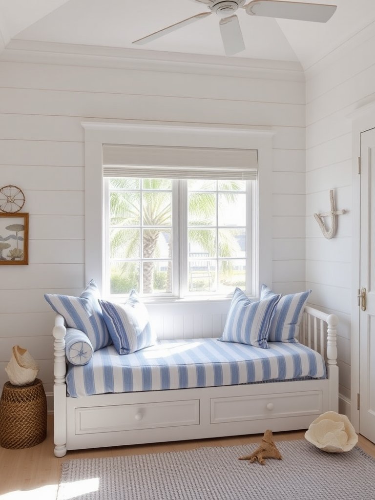 In a blissful coastal sanctuary, sun-kissed walls painted in gentle ivory create a serene backdrop, inviting warmth into the space