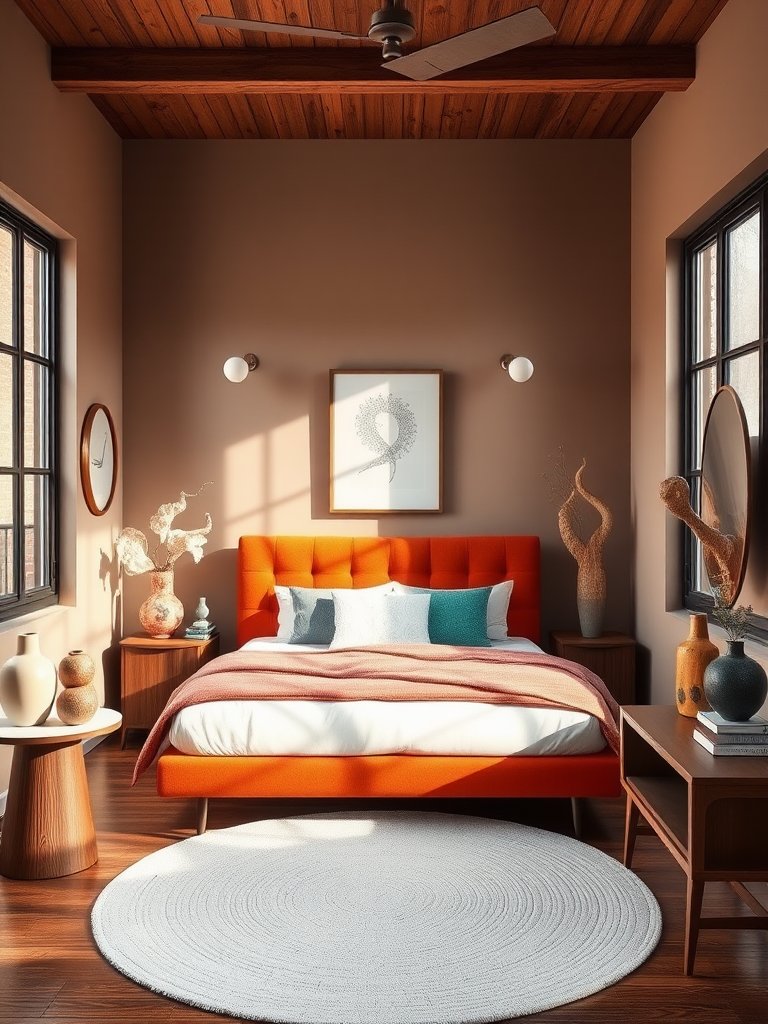 Nestled within the cozy oasis of this small bedroom, the low-profile bed, dressed in a rich terracotta hue, exudes understated elegance with its plush tufted headboard