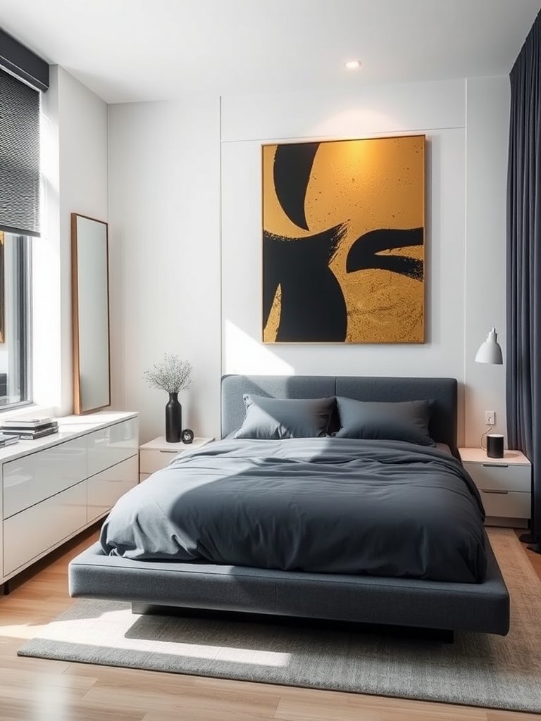 In a modern sanctuary where serenity meets sophistication, the bedroom emanates an air of calm with its gentle hues of slate blue enveloping a stylish platform bed