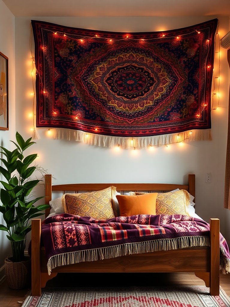 Bathed in a warm, golden hue, this intimate sanctuary exudes a bohemian charm, where a rustic wooden bed is the centerpiece, dressed in an array of jewel-toned cushions that beckon one to relax