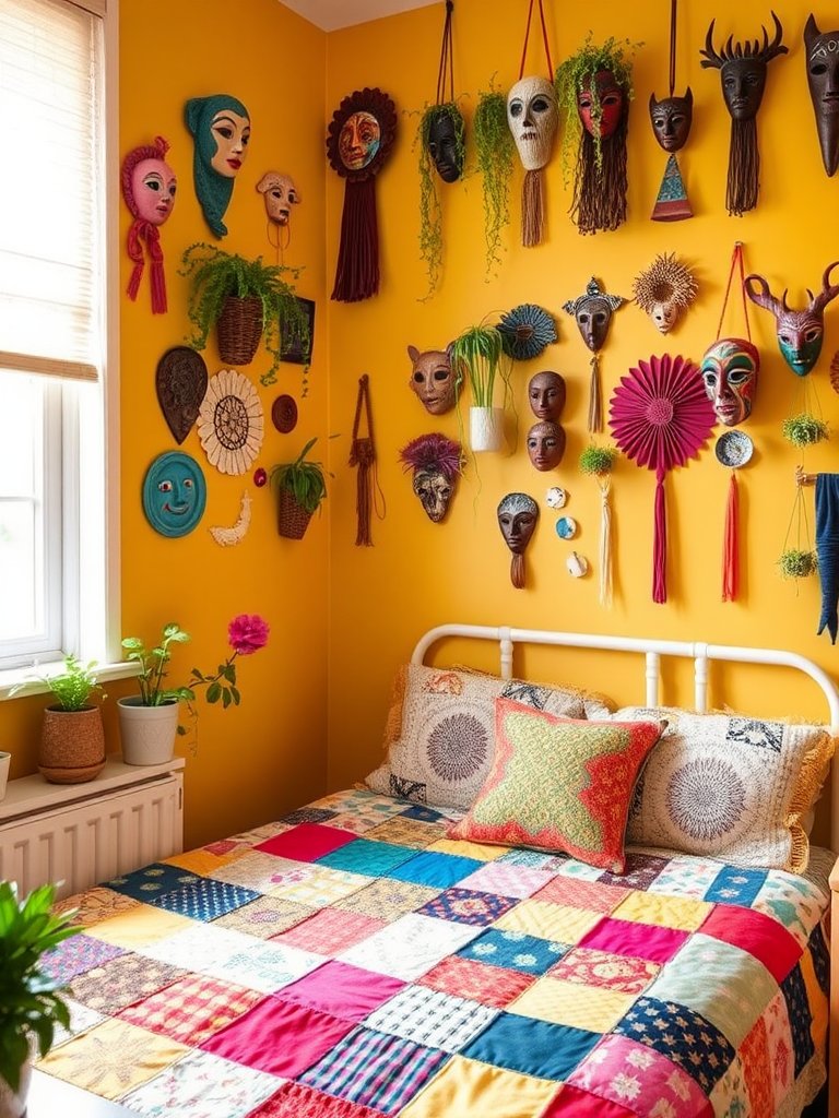 In a quaint textile haven, a cozy retreat bursts with creativity, where the cheerful yellow walls radiate warmth and joy