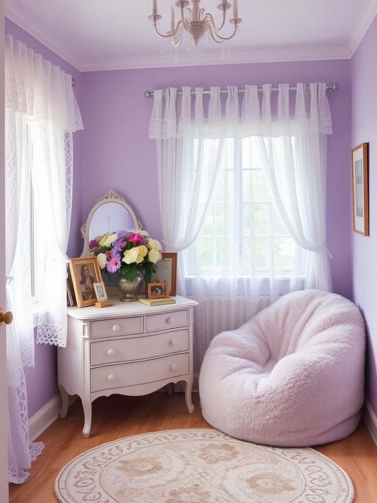 The room whispers of tranquility, cloaked in soothing lavender hues that cradle the spirit