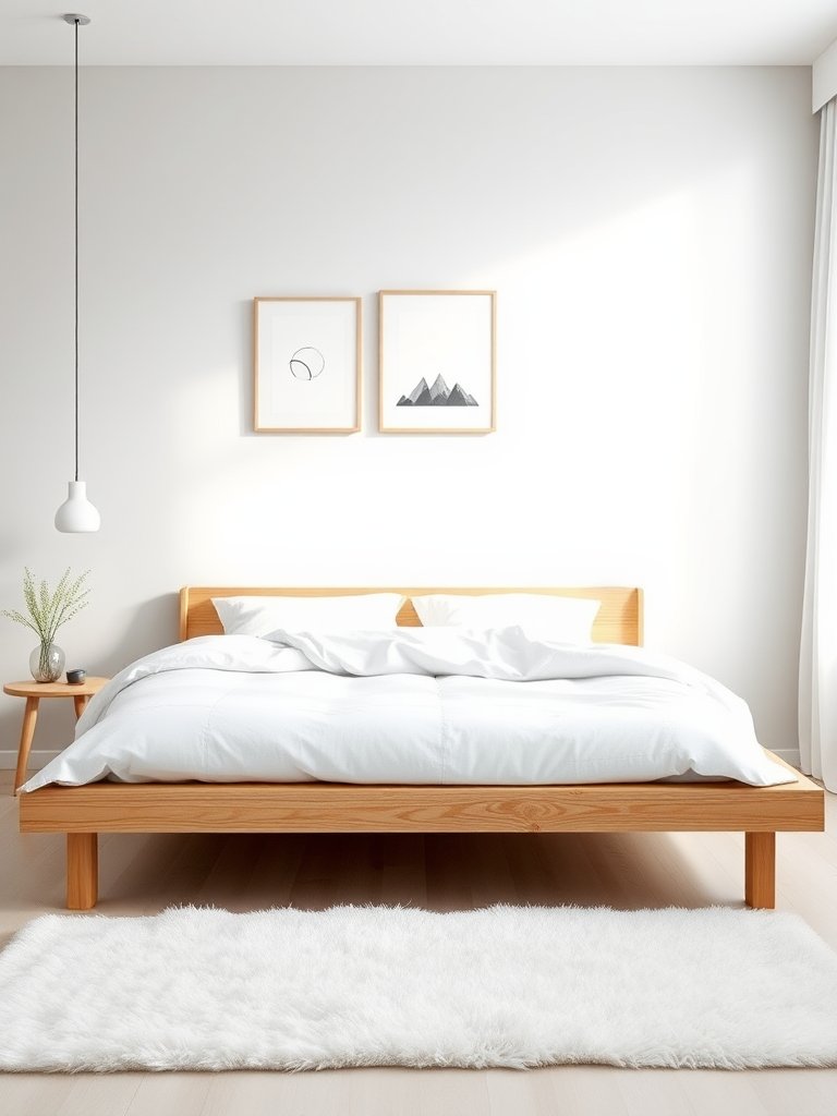 In a serene retreat of minimalist design, a light pine platform bed rests gracefully against a whisper-gray wall, embodying simplicity and elegance