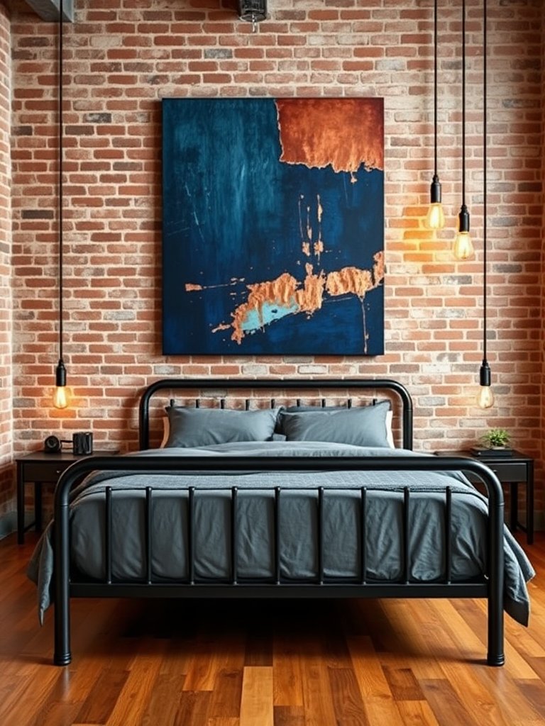 Bathed in the soft glow of Edison bulbs, this stylish loft bedroom showcases a striking dance between raw elements and warmth