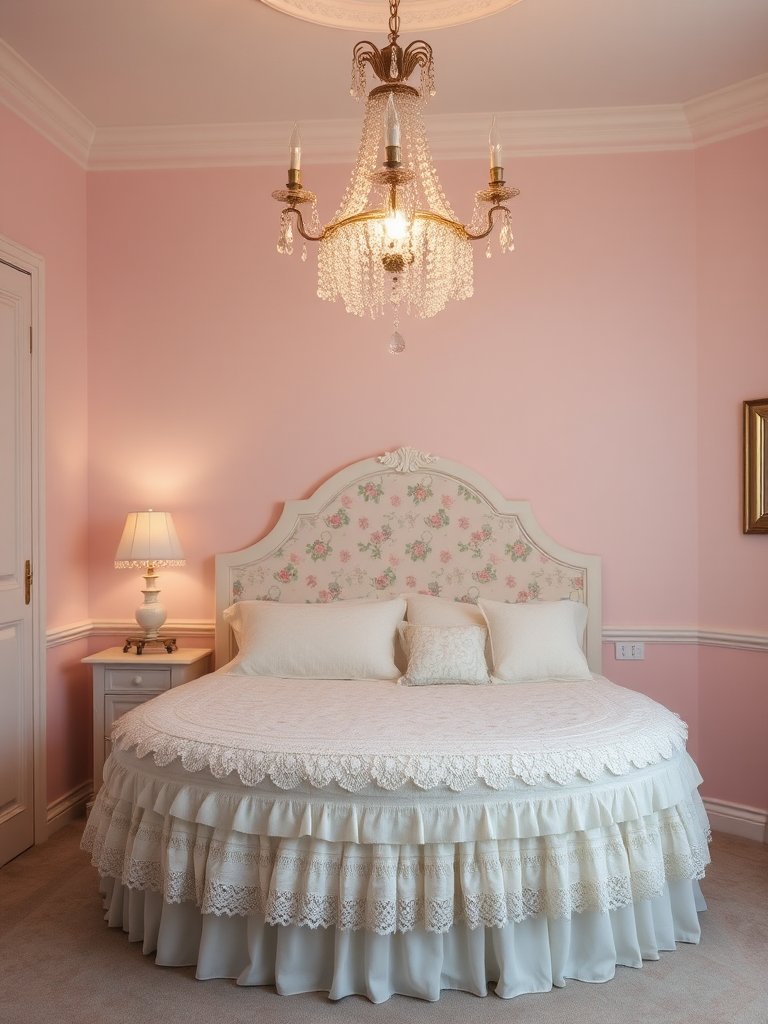 Nestled within a dreamy retreat, the room whispers tales of yesteryear with its soft pastel palette and delicate floral accents gracing the wall like a gentle embrace