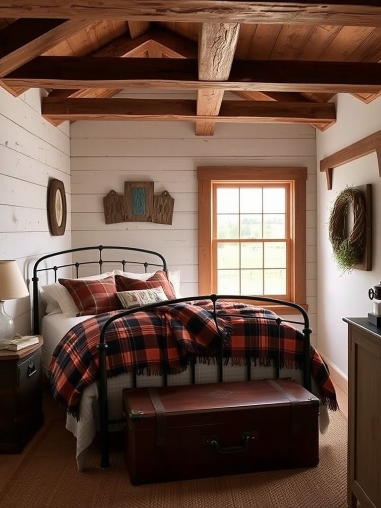 Nestled under the embrace of exposed, weathered beams, this quaint bedroom exudes charm and warmth