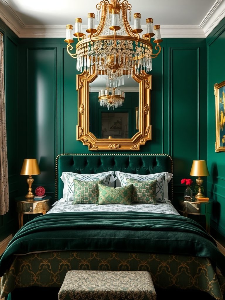 Nestled within a cocoon of opulence, this intimate sanctuary dazzles with its rich emerald green walls that invite tranquility