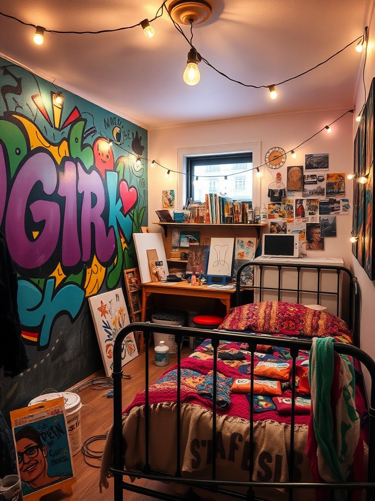 In a cozy sanctuary of imagination, an explosion of color bursts forth from a wall adorned with a whirlwind of graffiti art, capturing the essence of youthful rebellion and artistic flair