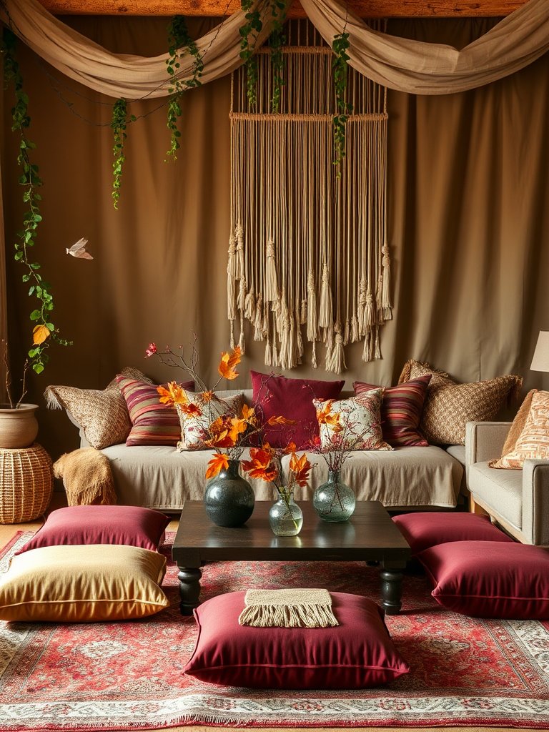 Immerse yourself in a kaleidoscopic oasis of comfort, where warm terracotta walls cradle a symphony of textures