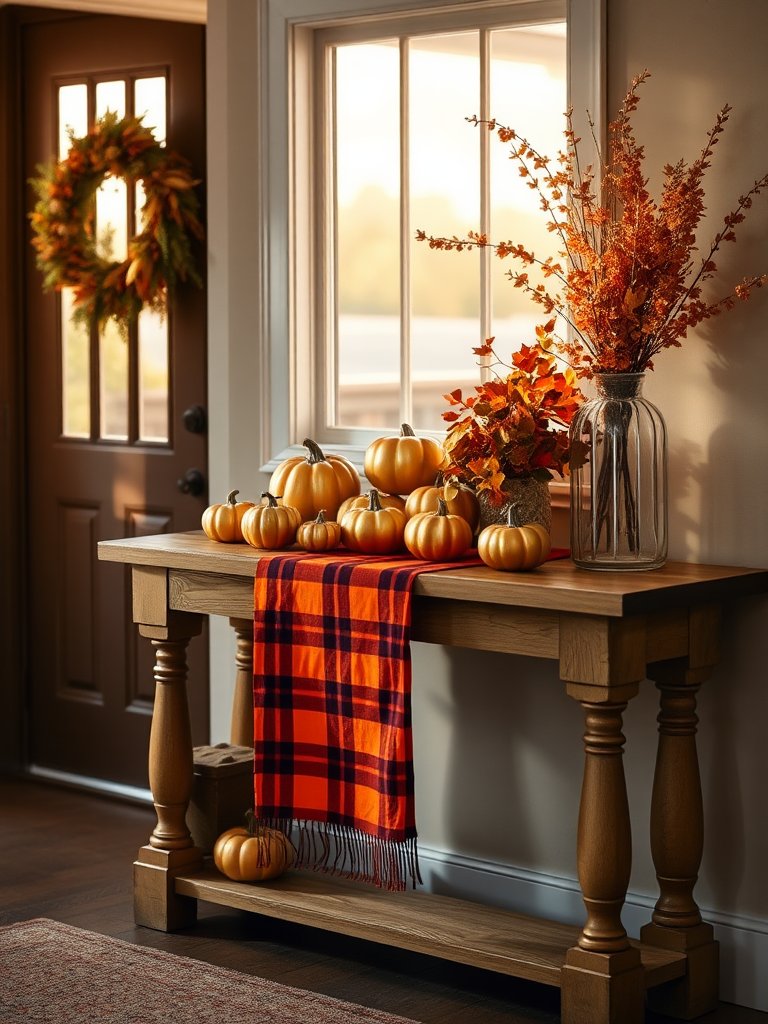 As you step into this welcoming space, a charming wooden console table greets you, its surface gracefully layered with a cozy plaid runner splashed in warm hues of rust and deep maroon