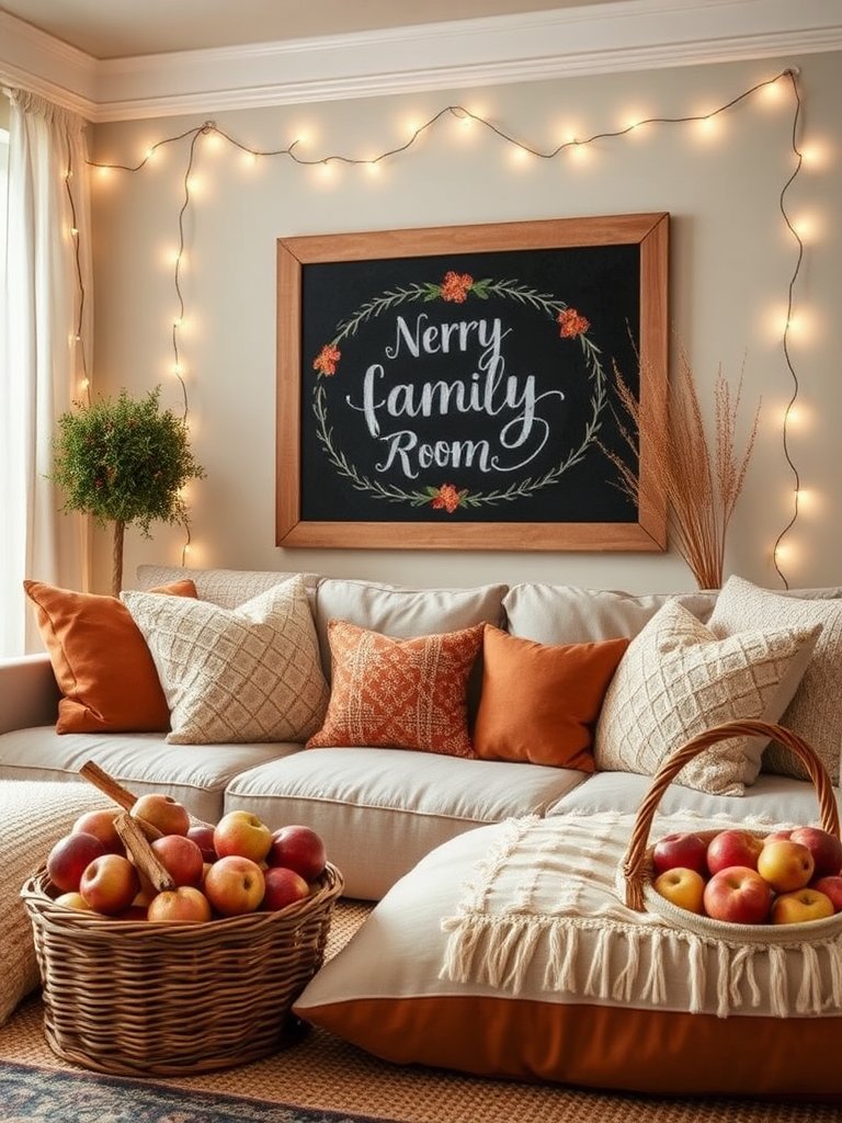 Nestled in a cozy family room, a grand chalkboard adorned with an enchanting autumn message beckons all who enter