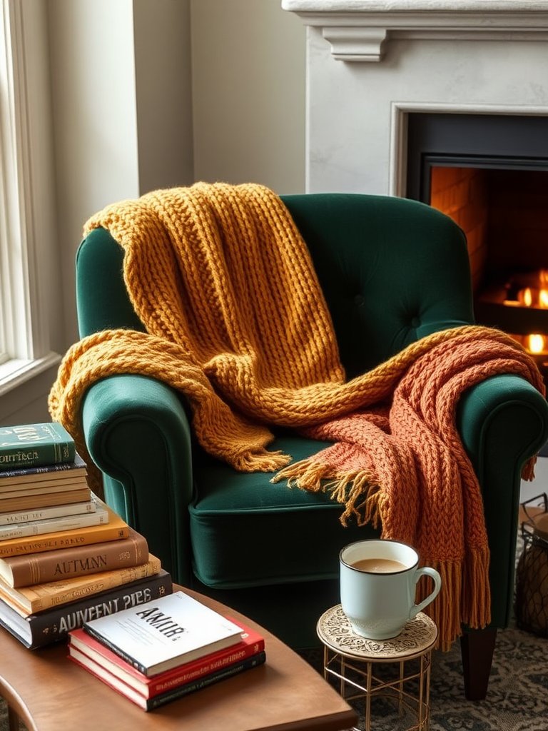 Nestled in a quiet corner, a verdant velvet armchair beckons with its inviting embrace, swathed in the gentle warmth of golden and burnt orange blankets draped elegantly over its arm