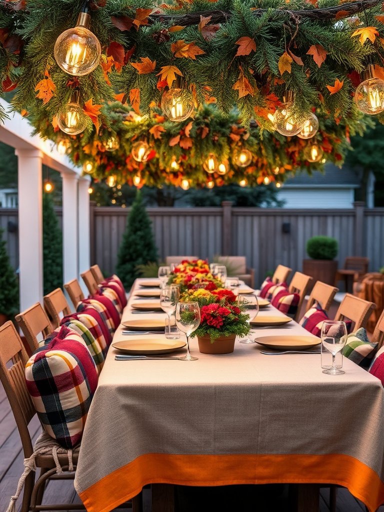 Nestled beneath a canopy of twinkling fairy lights, a festive dining haven awaits, bursting with hues of amber and twilight blue