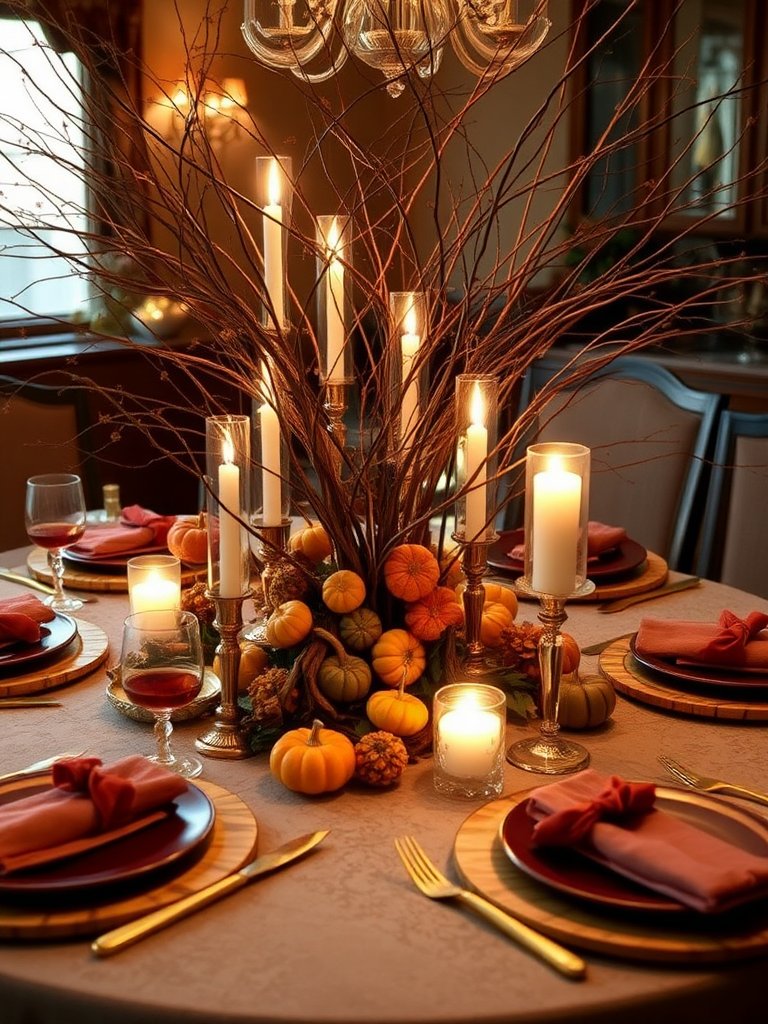 Enveloped in the warm hues of autumn, the table beckons with its enchanting display, where delicate twigs fuse into a mesmerizing centerpiece, cradling softly glowing candles that cast playful shadows