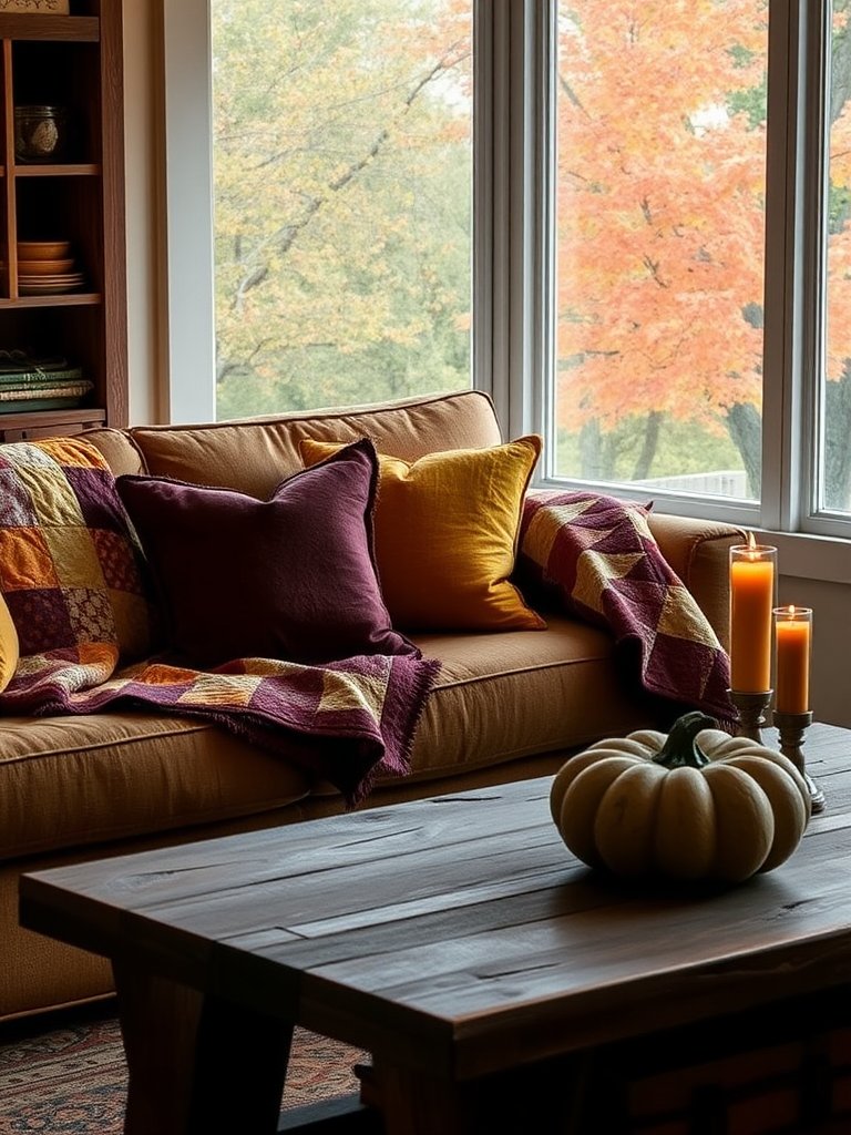 Nestled in a cozy corner, an inviting couch bursts with a riot of plush pillows in hues of burnt sienna, golden ochre, and rich aubergine, exuding warmth and comfort