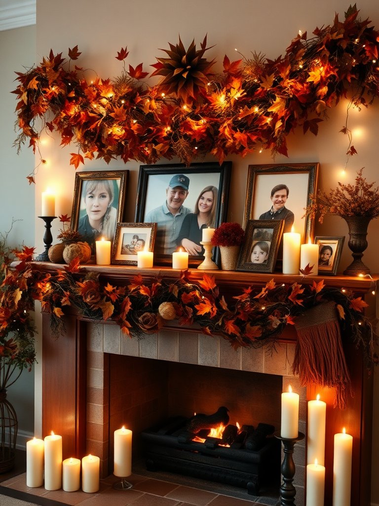 The fireplace mantle bursts with autumn