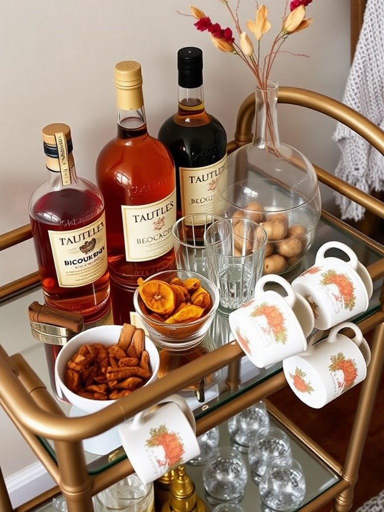 Imagine a chic bar cart elegantly draped in the warmth of autumn hues, presenting an array of glimmering glass bottles filled with rich, spiced elixirs