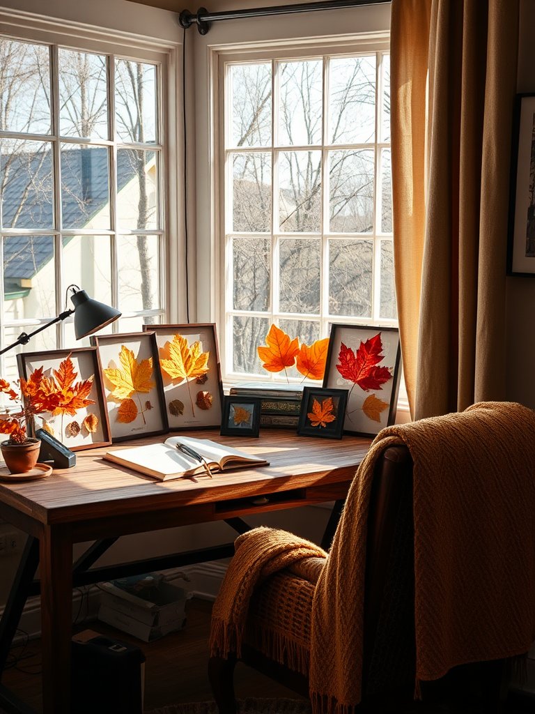 In a sun-kissed nook of a bustling home office, sunlight streams through an expansive window, bathing the room in a warm glow that dances upon a weathered wooden desk