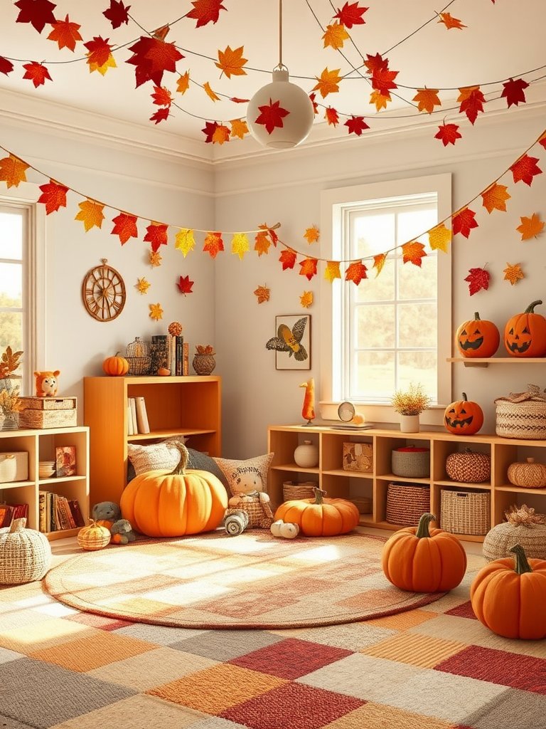 In a whimsical playroom brimming with autumn charm, a plush pumpkin, oversized and inviting, sits proudly among a family of cuddly stuffed animals