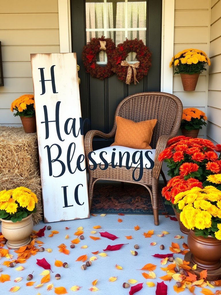 The front porch exudes autumnal charm, embracing the season