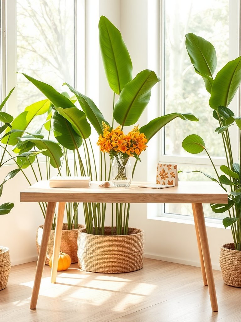 In a sun-drenched nook, a pristine desk crafted from pale oak exudes serenity, harmonizing perfectly with the surrounding lush greenery