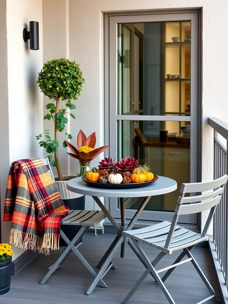 Beneath a canopy of golden autumn leaves, a chic balcony transforms into an inviting retreat