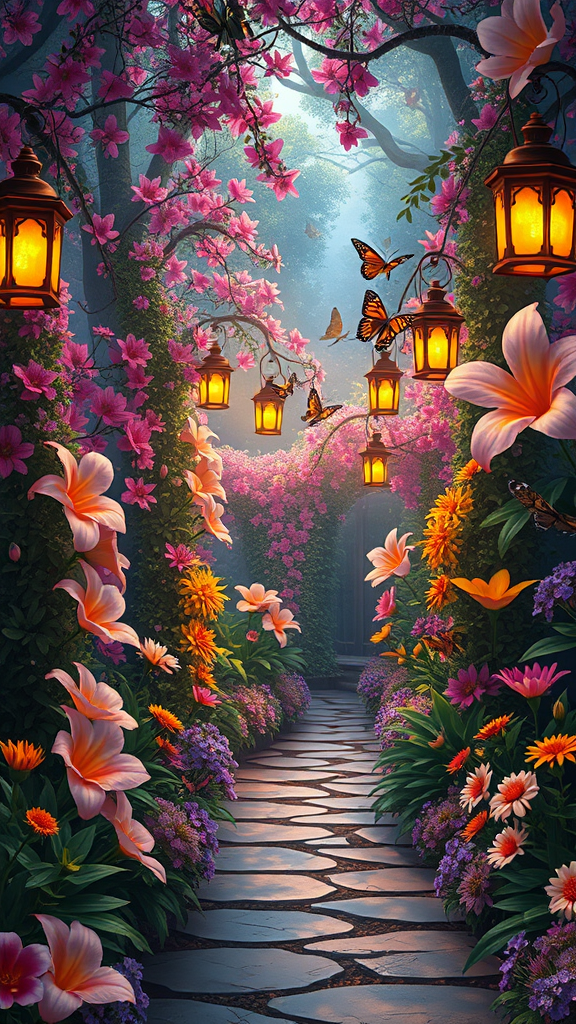 Lantern-Lit Oasis in Blooming Splendor