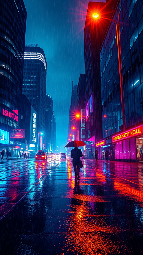 Neon Reflections in Rainy Reverie