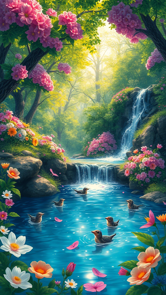 Spring Blossoms and Waterfall Whispers