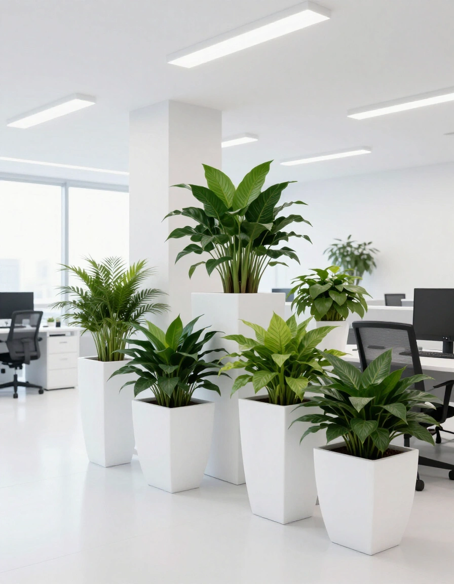12. All-White Home Office Plant Decor